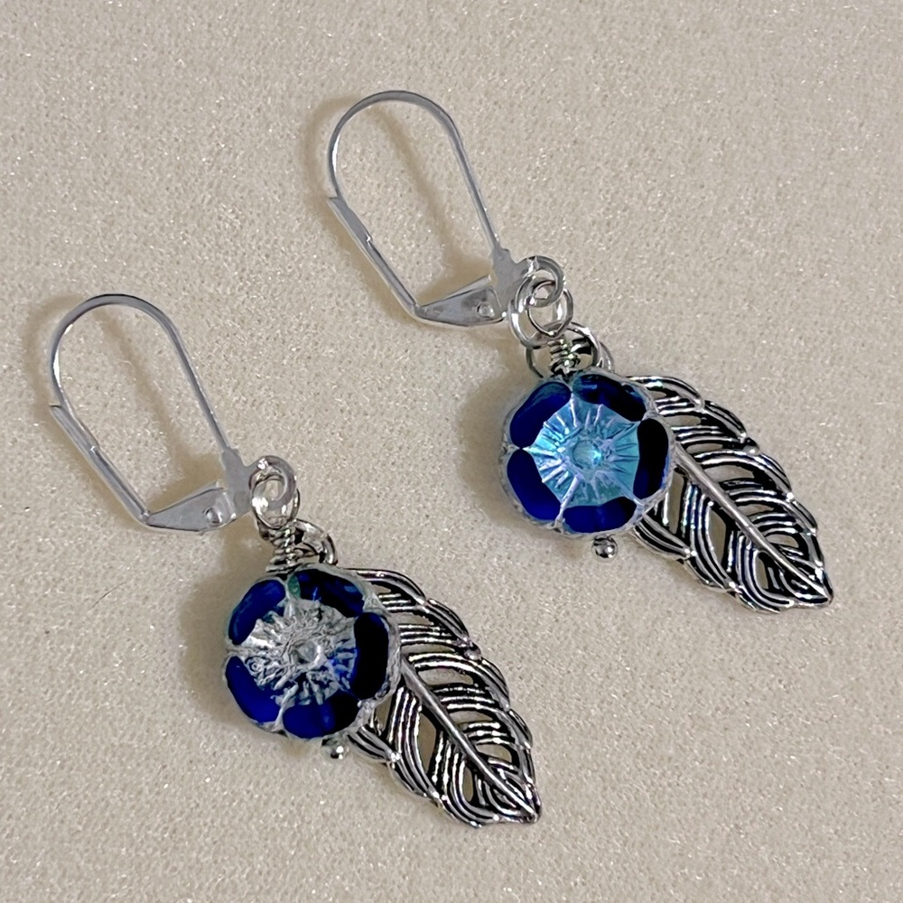 Blue Laser Cut Czech Glass Flower & Leaf Earrings With Silver Lever Back Hooks